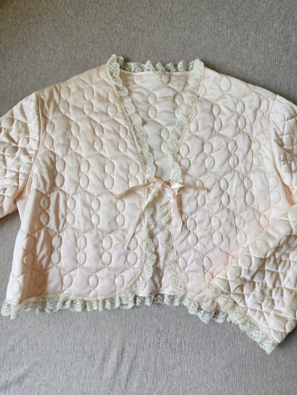 Vintage 70s-80s Quilted Lace-Trim Peachy Cardigan